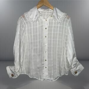Vtg 70s White Sheer Blouse Plaid French Cuff Sleeve Ruffles Wide Collar Sz XS/S